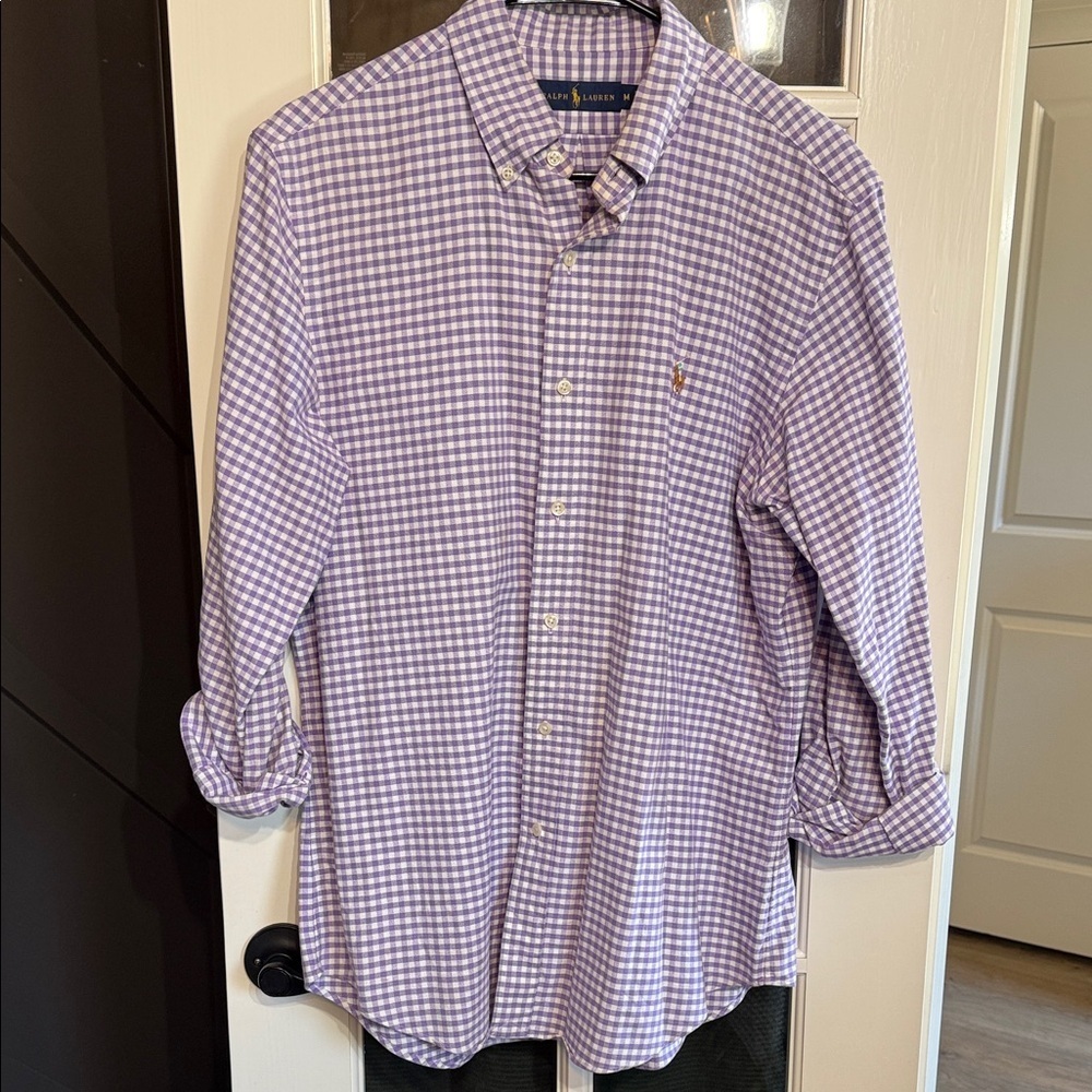 RALPH LAUREN Classic 100% Cotton Purple Gingham Check Button-Down Collar Shirt M